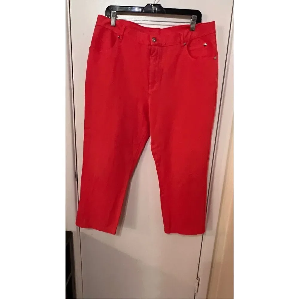 Marble Women's Mid Rise Capri Pants Dark Wash Stretch Casual Red Size 12